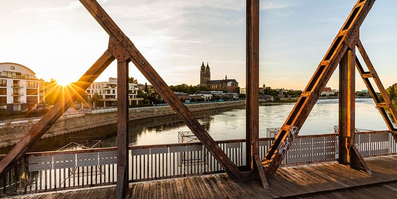Lift bridge and cathedral in Magdeburg at sunset by Werner Dieterich