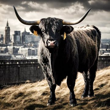 Portret van Schotse Hooglander en stadsgezicht