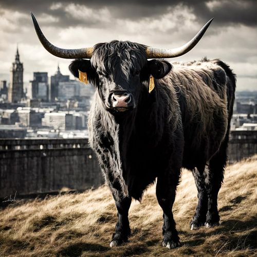 Scottish Highlander and cityscape portrait