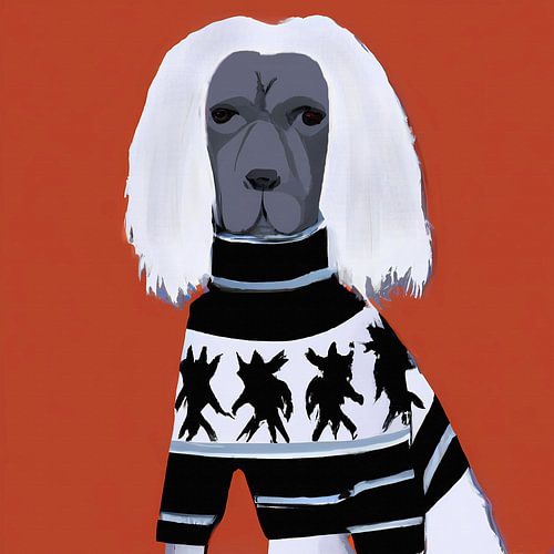 Grijze hond met wit haar en trui expressionistisch portret