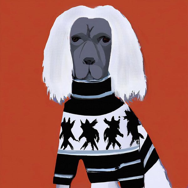 Grey dog with white hair and sweater expressionist portrait by Maud De Vries
