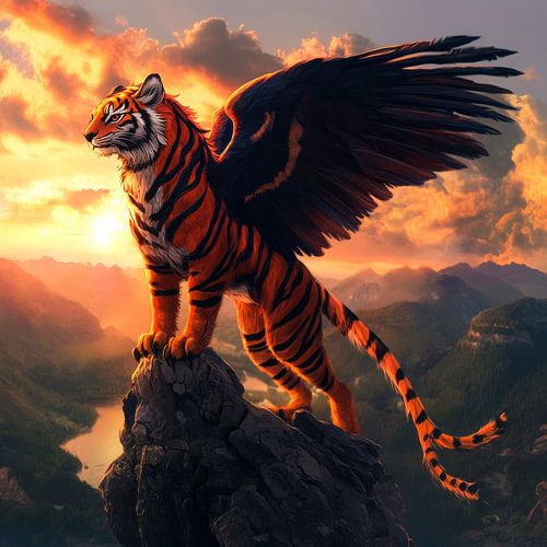 Winged tiger in the sunset