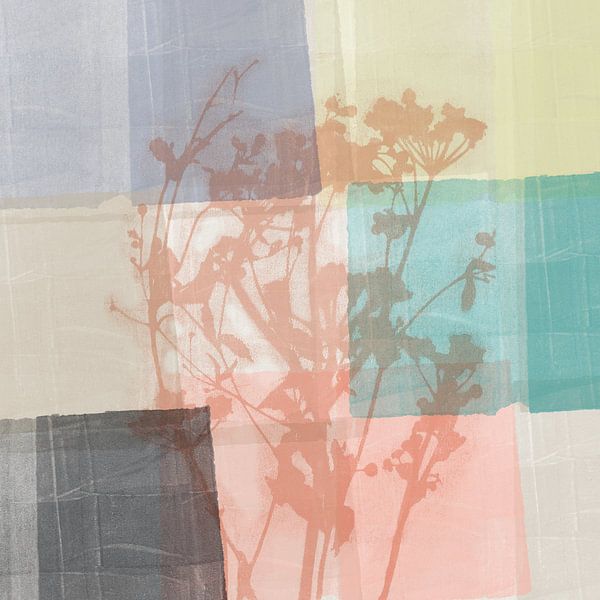 Moderne abstracte botanische kunst in pastelkleuren. Koraal, blauw, geel. van Dina Dankers