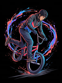 Illustration graphique dynamique représentant un rider de BMX flatland réalisant des figures extrêmes dans le cadre de sports d'action sur The Deeper Way