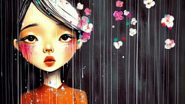 Junge Südostasiatin im Regen mit Blüten von Frank Heinz