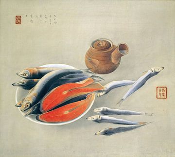 Stilleven - zalmsnippers en sardines, Tsuchida Bakusen