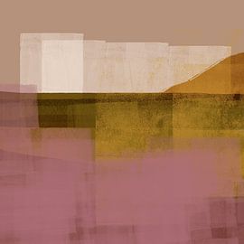 Moderne abstrakte Landschaft. Helles Lila, Senf, Ocker. von Dina Dankers