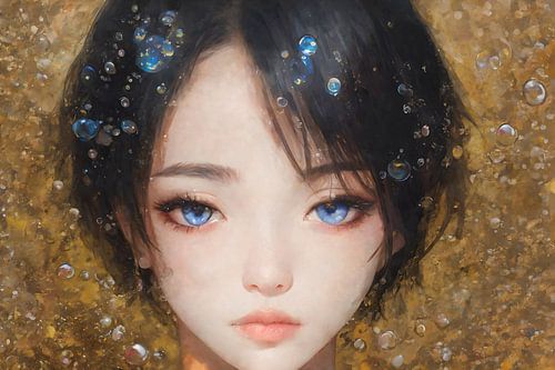 Gouden Bubbels – Dromerig Meisjesportret in Goud en Brons | Luxe Digitale Kunst