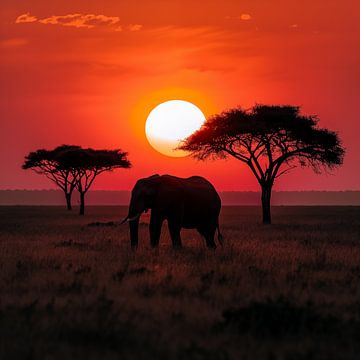 Eléphant solitaire en Afrique, coucher de soleil sur TheXclusive Art
