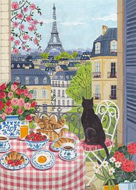 Balcon à Paris avec un chat et vue sur la Tour Eiffel
