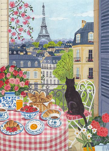 Parijs balkon met kat en uitzicht op de Eiffeltoren