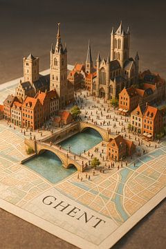 Gent Drei Türme 3D Karte - Historische Flämische Stadt Kunstdruck von Travel Shop
