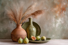 Feigen und Vasen – Ruhiges Wabi-Sabi-Stillleben von Joriali Fine Art