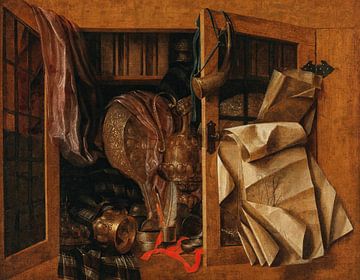 A trompe-l’oeil still life of a cupboard with books, gilded vessel and more, Franciscus Gijsbrechts