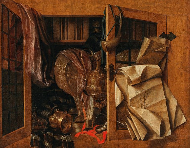 Een trompe-l'oeil stilleven van een kast met boeken, vergulde vaas en meer, Franciscus Gijsbrechts van Meesterlijcke Meesters
