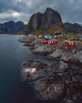 Noorwegen Rode vissershuisjes in Hamnoy van Leon Brouwer