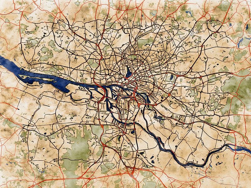 Map of Hamburg with the style 'Serene Summer' by Maporia