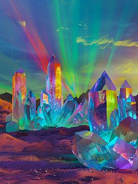 Regenboog over kristallen van haroulita