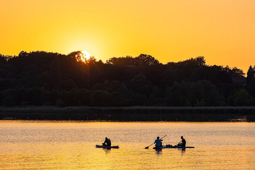 Surf peddelaars op de Warnow bij zonsondergang in de Hanzestad van Rico Ködder