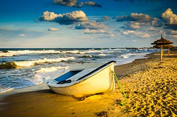 Lonely rowing boat on the sandy beach of Sousse in Tunisia by Dieter Walther