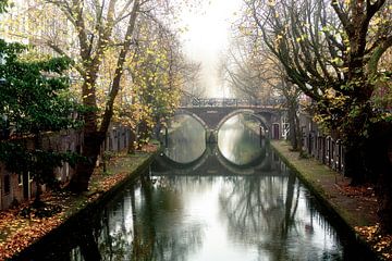Oudegracht mit der Hamburgerbrug in Utrecht an einem nebligen Novembermorgen