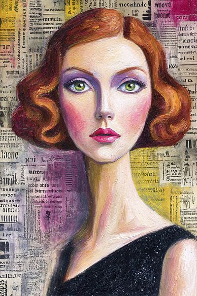 Portrait surréaliste d'une femme aux cheveux roux et aux yeux verts par Marijke Trienekens