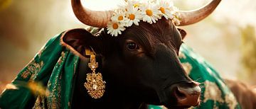 Cow in a wreath of flowers - colourful and elegant by Poster Art Shop