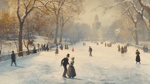 Besneeuwd park met schaatsend stel in oude stad (KI)