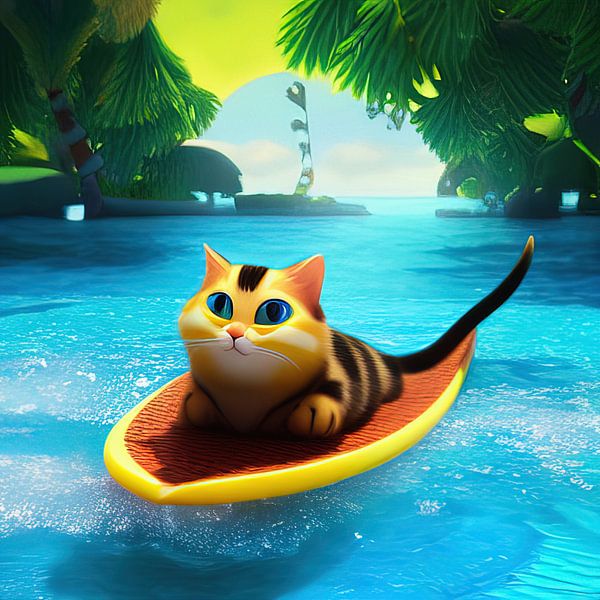 Cute cat surfing illustration by Laly Laura