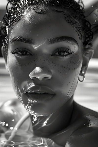 Porträt einer Frau mit erfrischtem Blick in schwarz-weiß von Steinfox Art