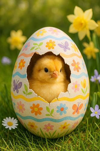 Mignon poussin dans un œuf de Pâques coloré