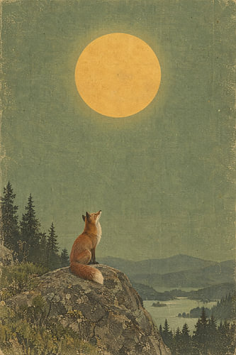 A fox against a yellow sun on a sage-green background