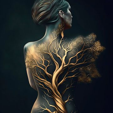 Symbiose mens en natuur. Vrouw en boom.