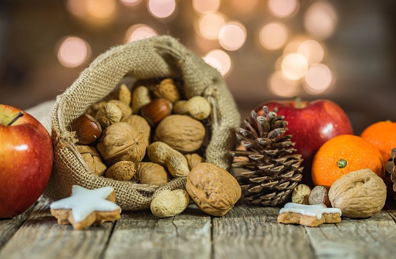Christmas food composition on wooden table with blurred lights background by Alex Winter