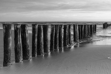Rangée de poteaux sur la côte de la mer du Nord près de Schoorl, noir et blanc sur Bram Lubbers