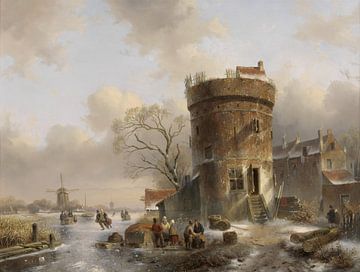 Winterlandschap met figuren op een bevroren rivier bij een toren, Charles Leickert