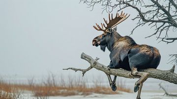 Elanden rusten hoog boven het winterlandschap van Klaus Tesching - Art-AI