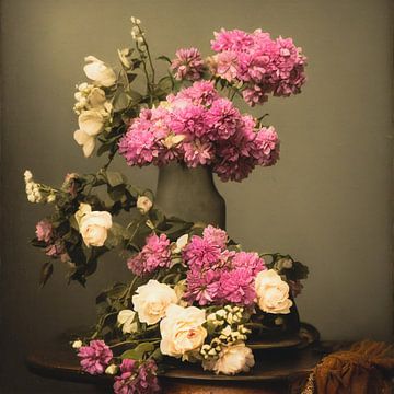 Stilleven van roze en witte bloemen in vintage fotorealisme van Roger VDB