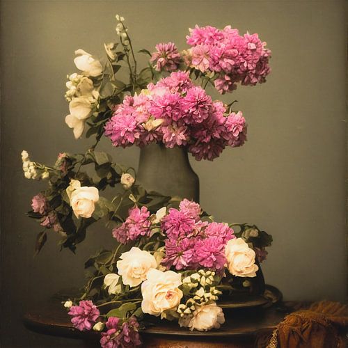 Stilleben mit rosa und weißen Blumen im Vintage-Fotorealismus