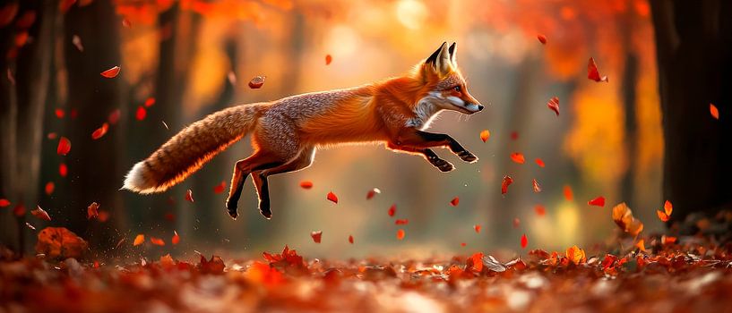 Fuchs springt durch bunten Wald von Poster Art Shop