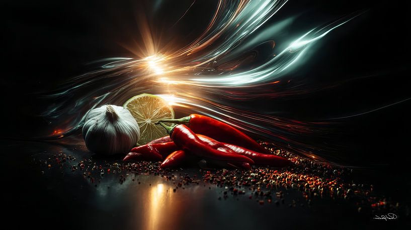 red peppers - garlic - lime - lemon on a black background with dramatic light by Gelissen Artworks