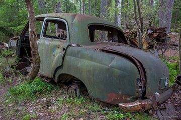 Car cemetery in forest in Ryd, Sweden by Joost Adriaanse