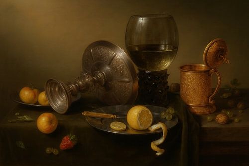 Gouden Stilleven – Citrus en kelken in oud-Hollandse pracht