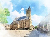 Aquare of the Belfry in Sluis, Zeeuws-Vlaanderen with Groote markt