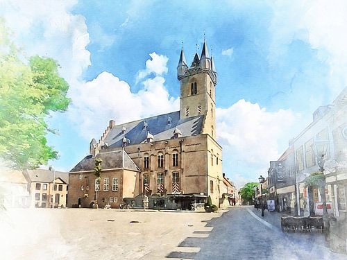 Aquarel van het Belfort in Sluis, Zeeuws-Vlaanderen met Groote markt