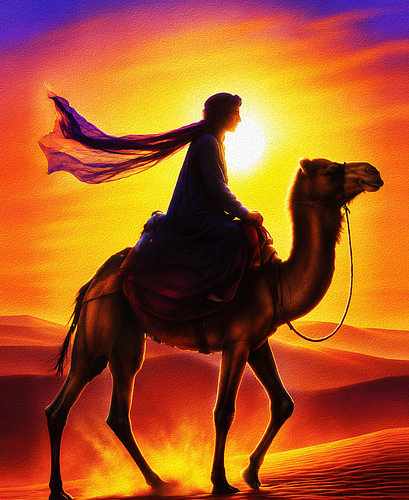 Voyageur dans le désert au coucher du soleil – Silhouette d'un cavalier de chameau
