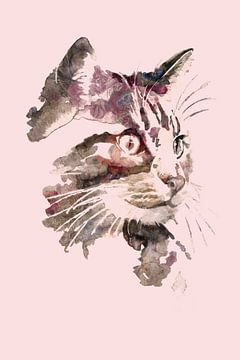 Chat rayé avec motif de fleurs, édition Automne rose, Aquarelle de MadameRuiz 2:3 sur MadameRuiz