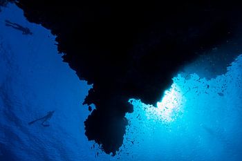 Silhouette of reef with freedivers