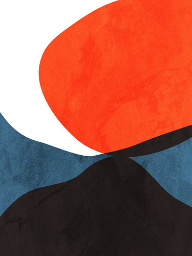 Minimalistische, geometrische, abstracte kunst in warme tinten: oranje, turkoois, blauw