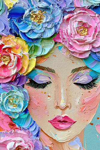 Pasteldromen - Elegant Vrouwenportret met Helderblauwe en Roze Rozen